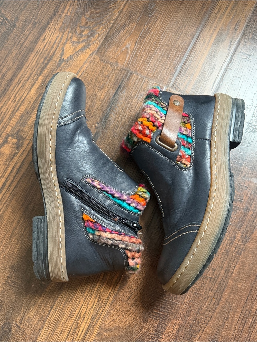 Rieker Felicitas Ankle Boots EU 37 US 6.5 Blue Leather Multicolor Knit Cuff - Picture 4 of 7